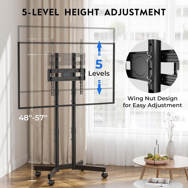 BONTEC Rolling TV Stand for 32-75 Inch TVs, Height Adjustable Mobile TV Cart on Wheels, Heavy Duty TV Stand Supports Up to 110lbs, Stable Dual-Column Design, Cable Management, Indoor, Outdoor - Image 4